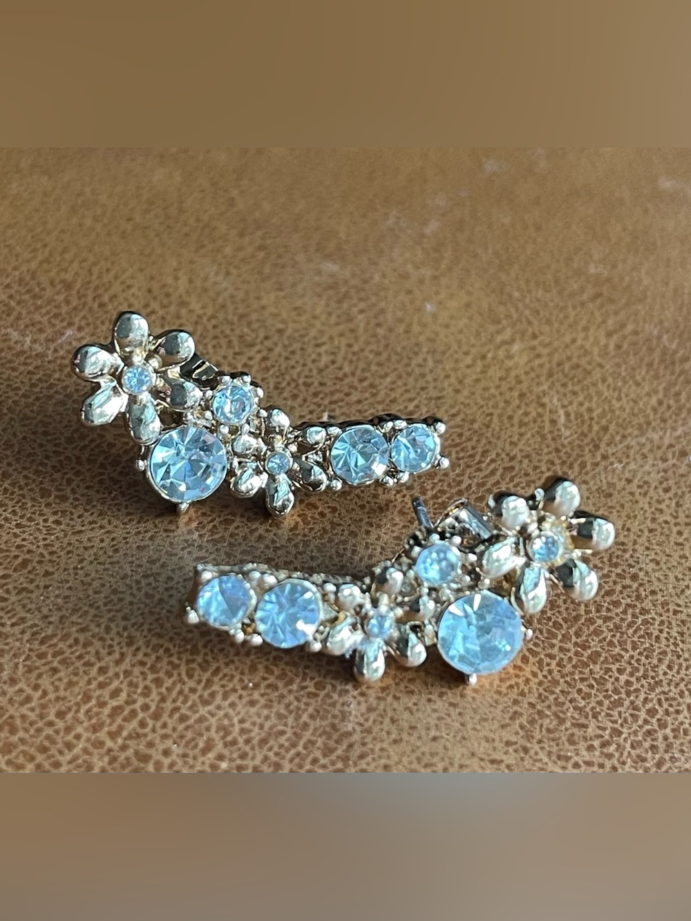Gold Tone Floral Rhinestone Ear Climber Crawler Earrings